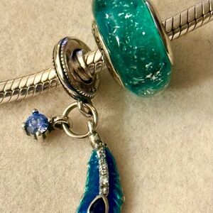Teal Murano Glass & Blue peacock feather Dangle Charm fit Pandora Bracelets